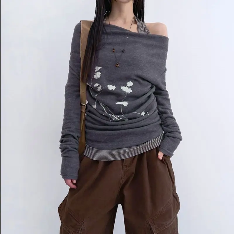 ヨーロッパとアメリカのプリントワンショルダーTシャツレディース長袖アシンメトリーオフショルダーセクシーなトップストレンディ