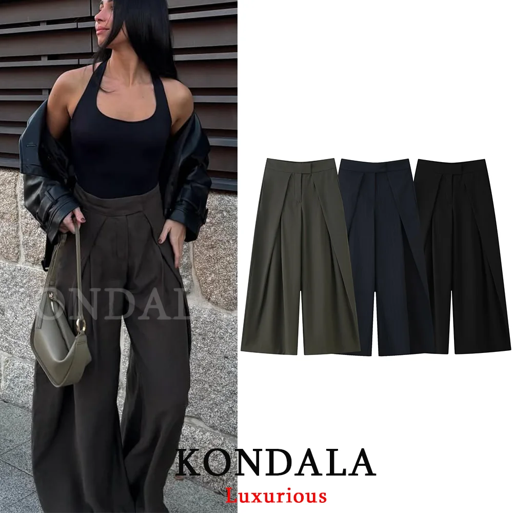 KONDALA Casual Chic Wide Leg Pants Women Office Lady Pockets Pleated Long Trous…