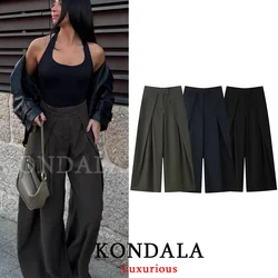 KONDALA Casual chique wijde pijpen broek dames kantoor dame zakken geplooide lange broek mode 2026 lente zomer streetwear broek