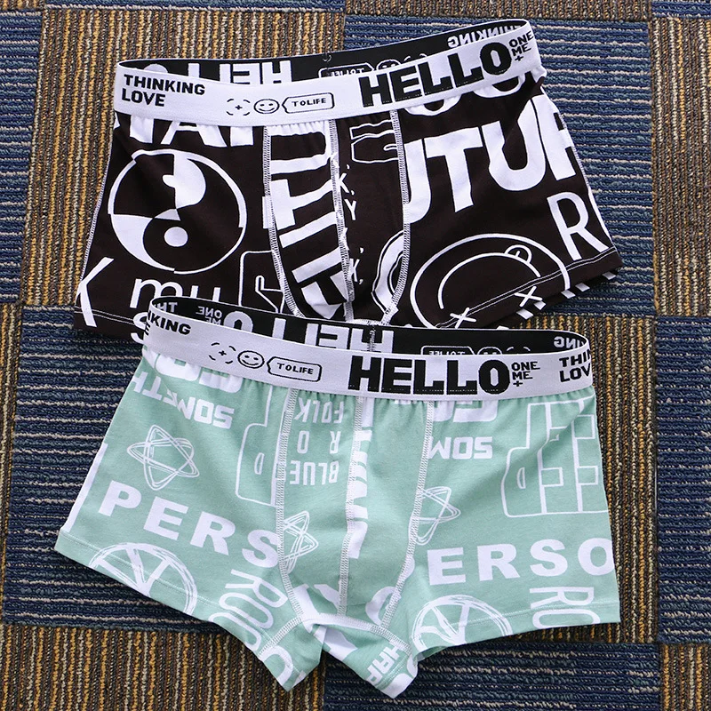Men Panty Two Pack Printing Flat Men's Pants Cotton Boxer Shorts Youth Breathable Sports Trend Shorts Sweat Absorption Panties