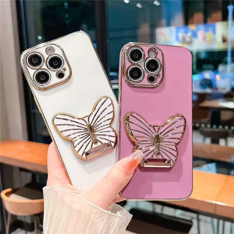 For OPPO A15 A16 K A17 A78 A74 A54  A55 A38 A58 A57 A92S A9 2020 A53 A31 Plating Butterfly Holder Phone Case Soft TPU Cover