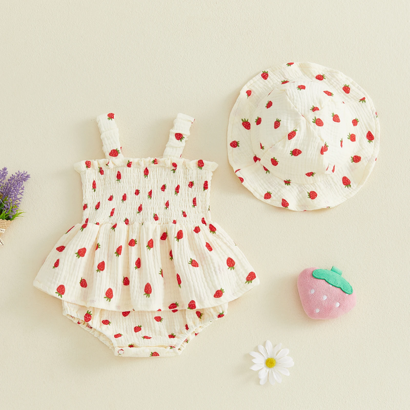 3-18M Infant Baby Girl Romper Dress Strawberry Print Smocked Sleeveless Skirt Hem Bodysuits Jumpsuits with Sun Hat 2pcs Sets