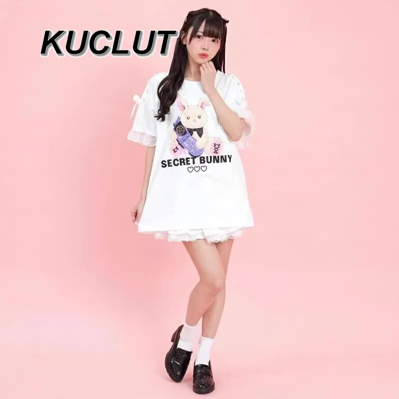 Women's Tops Summer Japanese Style Sweet and Cute Lace Casual Short Sleeve T-shirts Strap Bow Loose Tees Medium and Long T-Shirt