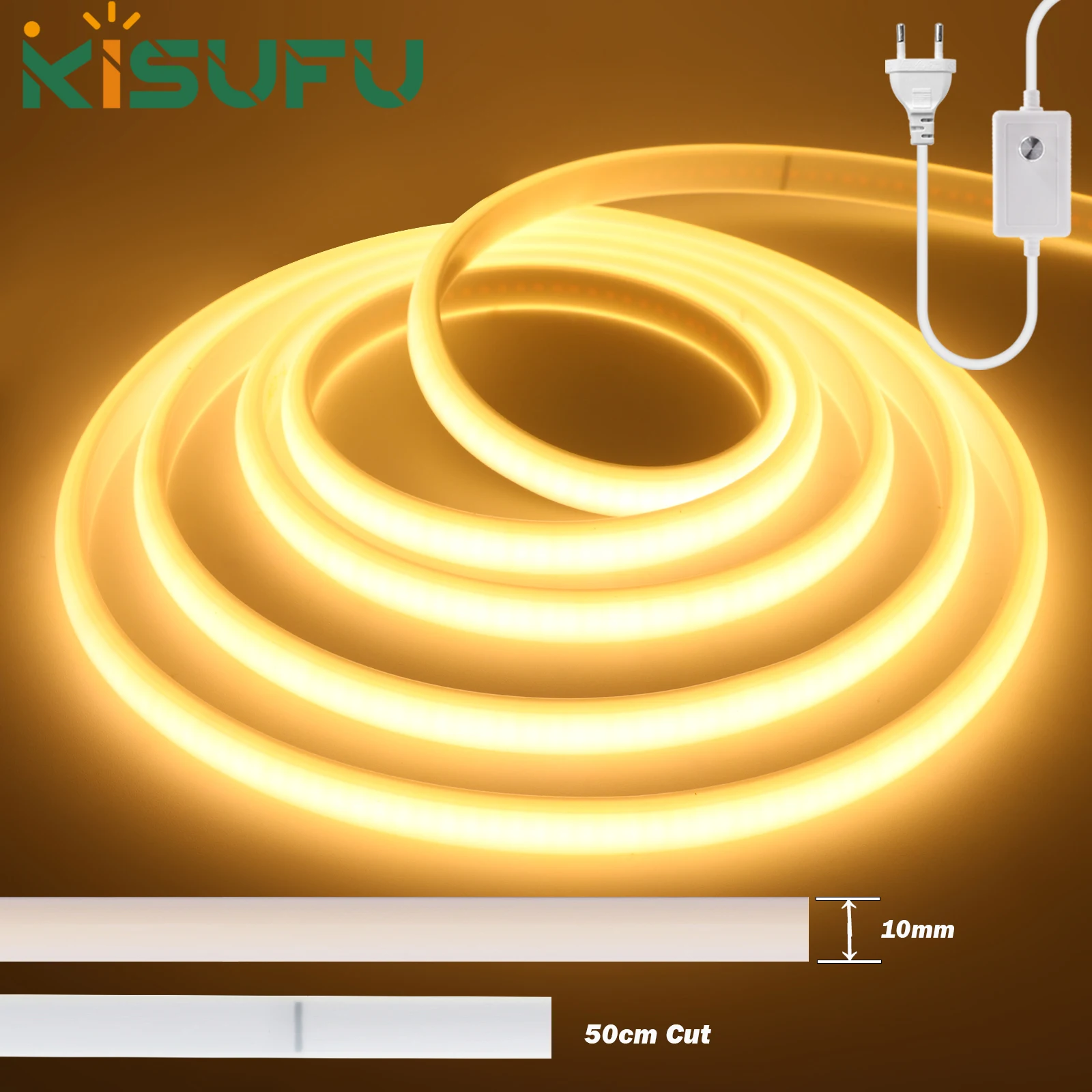 

1-50M 220V COB LED Neon Strip Light IP67 Waterproof With Switch/Dimmer EU Plug White Natual Warm Flexible Ribbon Tape Room Decor