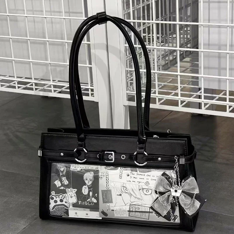 Y2k Fashion Ita Tote Shoulder Bag Clear Window Bedge Doll Display Bag Bow Chain Decor Large Capacity Cosplay Daily Handbag Purse