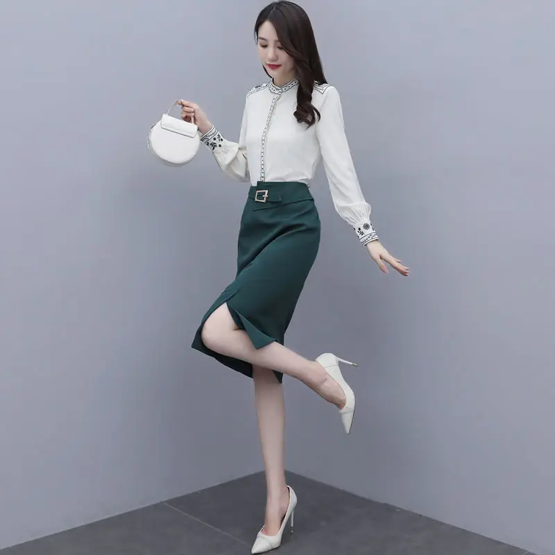 2023 Korean Popular Spring New Vintage Printed Chiffon Shirt Slim Skirt Two-piece Elegant Women's Skirt Suit Office Outfits