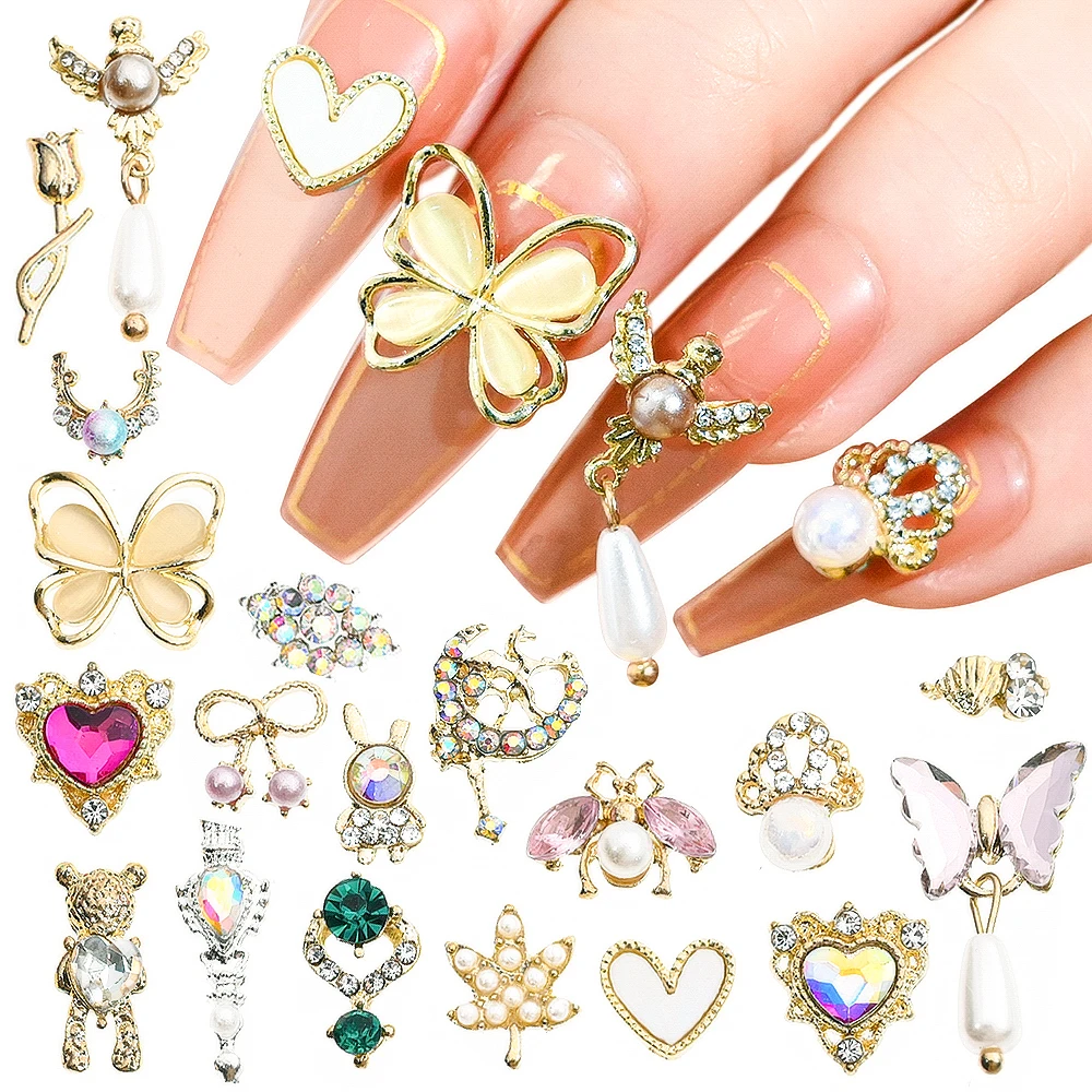 50PCS/Lot Metal Alloy Rhinestones Nail Charms Bow/Heart/Butterfly Mix Random Luxury Jewelry Nail Crystal Gems Manicure Accessory