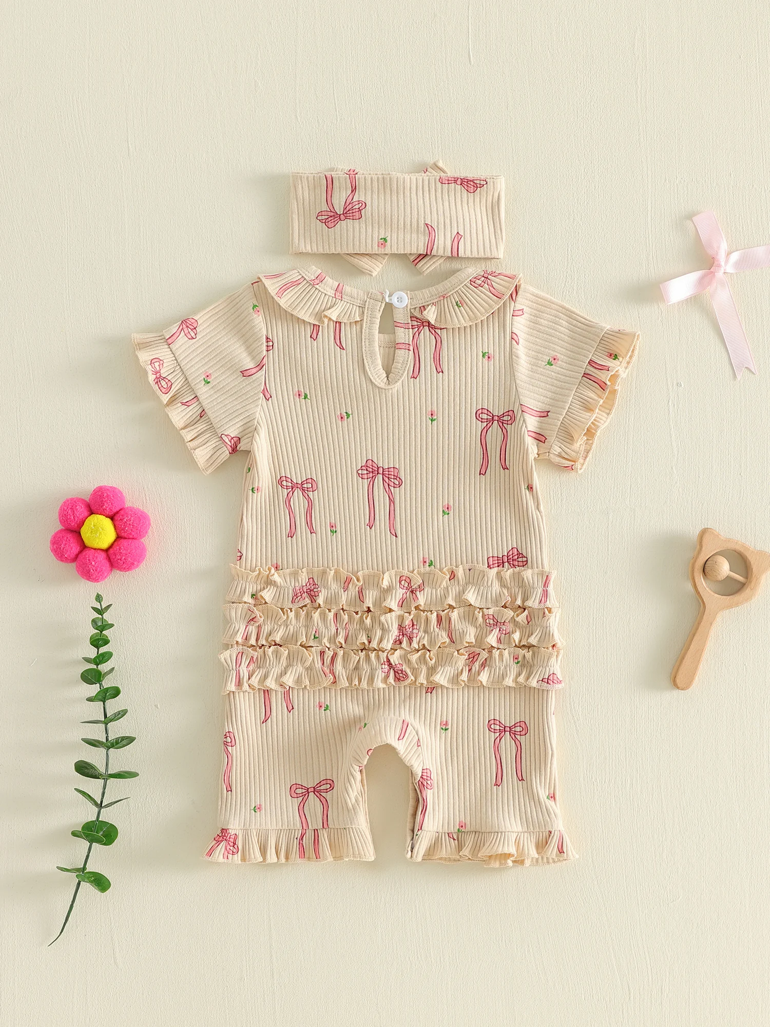 

Toddler Girls Floral Print Sleeveless Romper with Matching Headband Set for Summer Beach Outfits and Photoshoots