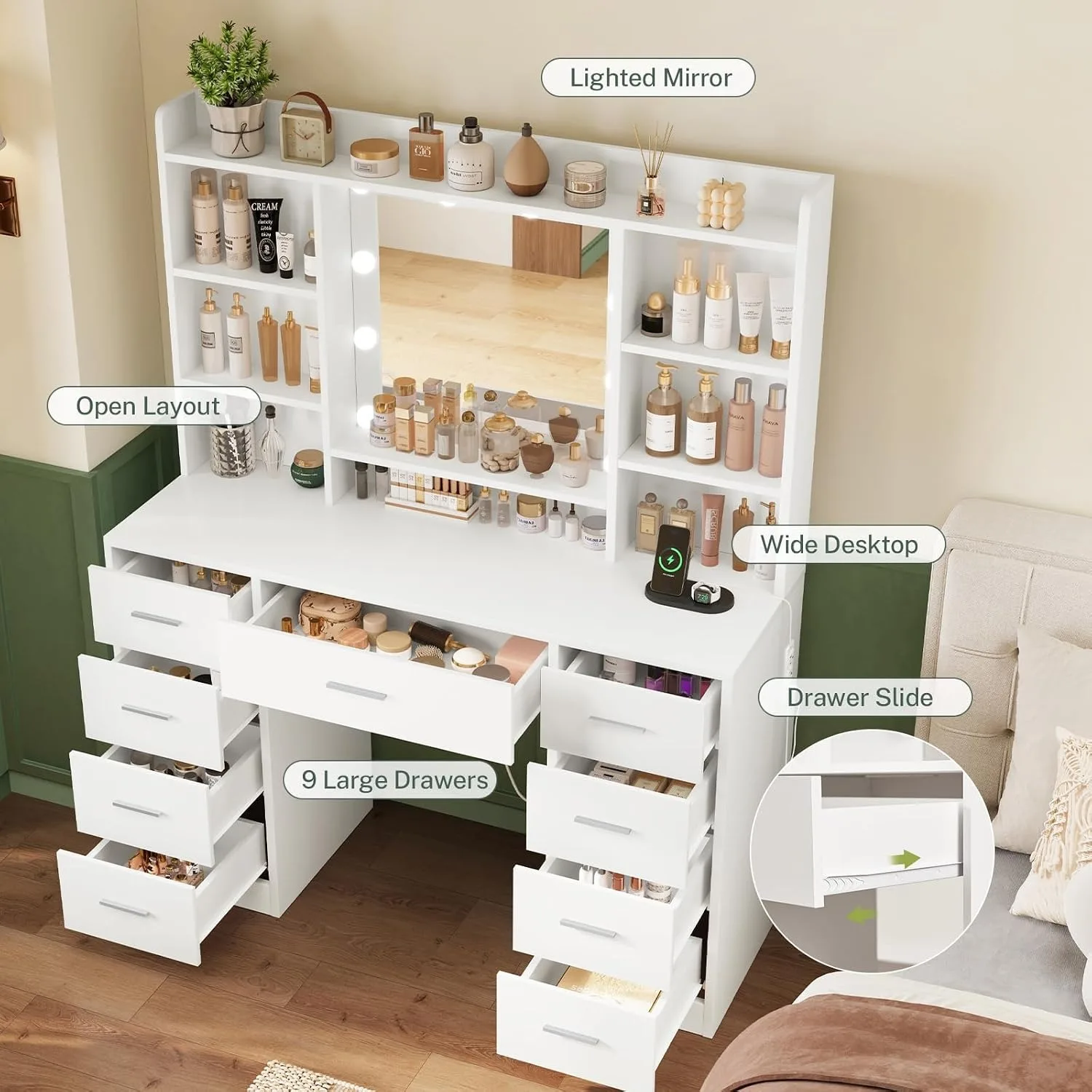 Makeup Vanity with Lighted Mirror & Power Outlet, 9 Drawers & 6 Storage Shelves, 3 Light Modes, Custom image 2