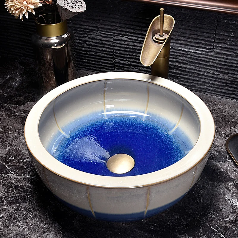 

Fish Painting China Artistic Handmade Ceramic Bathroom Sinks Lavobo Round Countertop classical wash basins