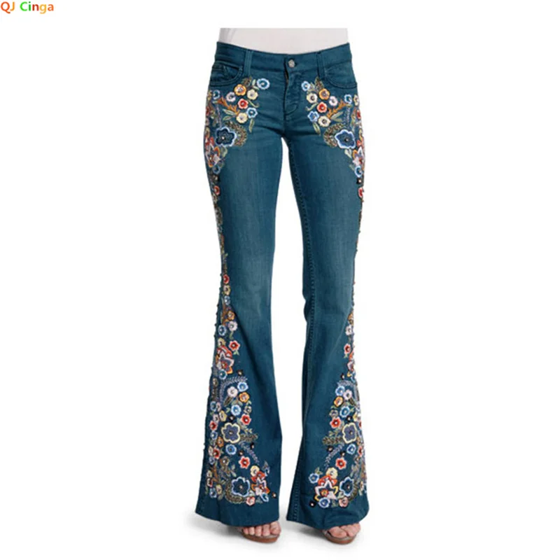 

Blue Embroidered Jeans Women's Fashion Casual Flared Mid Waist Denim Trousers XS-XXXXL Suitable for Spring and Fall Season