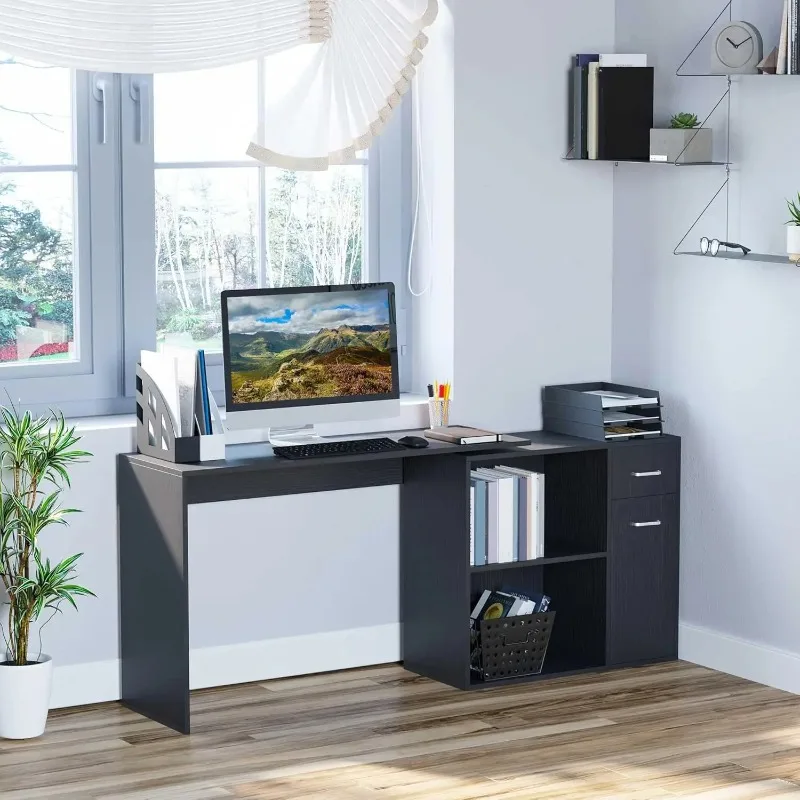 L-Shape Computer Desk 180° Rotating Corner Table Storage Shelf Drawer Cabinet Home Office Workstation Black, Customized