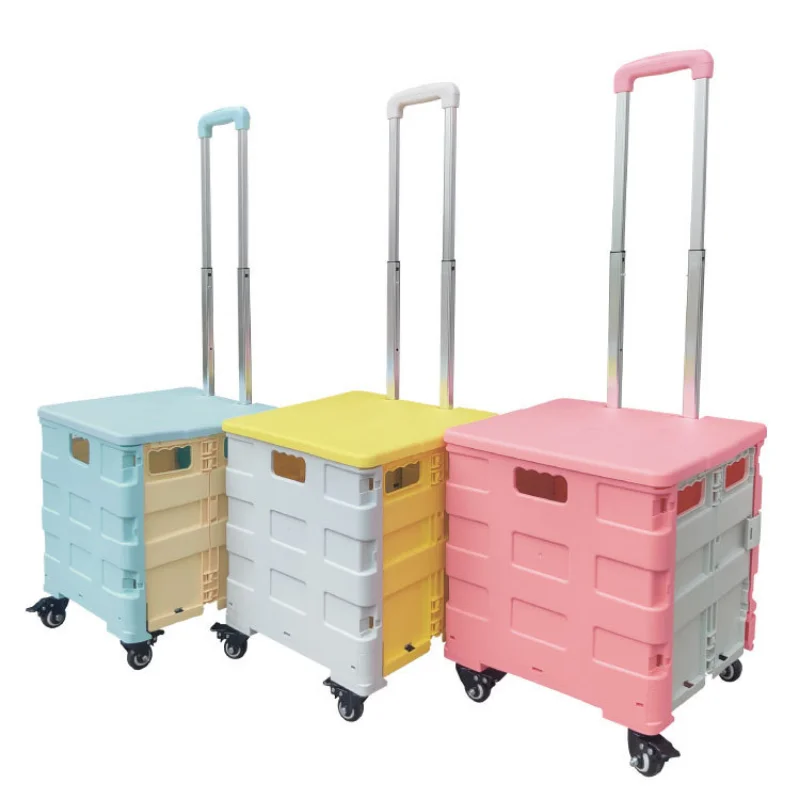 Foldable Shopping Cart with Vegetable Storage Bags - Plastic Collapsible Utility Trolley for Outdoor Picnic, Camping & Grocery