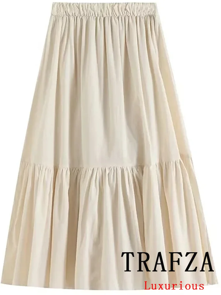 TRAFZA Vintage Casual Chic Women Skirt Solid  Elastic Waist  Long Straight Skirt New Fashion 2024 Summer Holiday Long Skirt