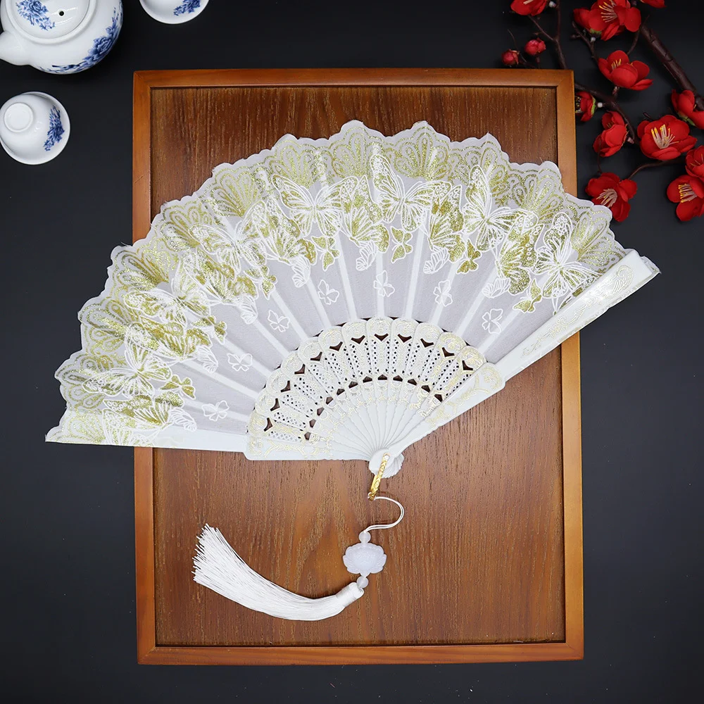 Retro Folding Fan Lace Butterfly Pattern Chinese Fan Wedding Party Dance Performance Props Crafts Gifts Fan Home Decor New