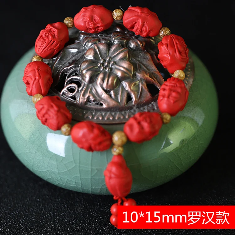 Natural cinnabar six word heart sutra richest  world  arhats three sided Buddha foil, single loop bracelet