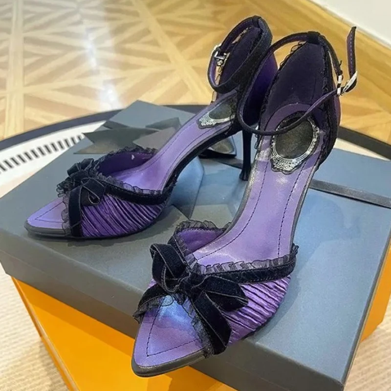 

Sexy Lace Bowknot High Heels Women Pleated Designer Sandals Female Satin Pointed Toe Pumps Banquet Party Shoes Ladies