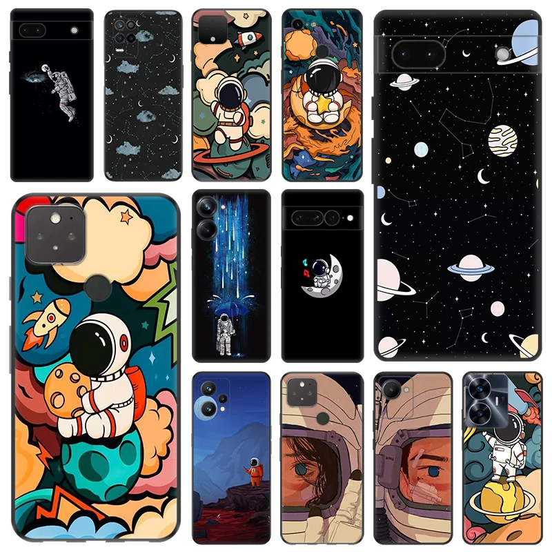 Black Matte Phone Case For Motorola Edge 30 40 20 Pro G200 One Fusion Cute Astronaut Girl Boy Moon Pixel 8a 7a 6a 7 8 Soft Cover