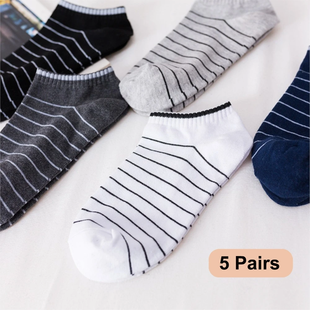 5 pairs lot New Summer Men Socks Short Ankle Socks Cotton College Style Lines Black Casual Sock Size 39-43