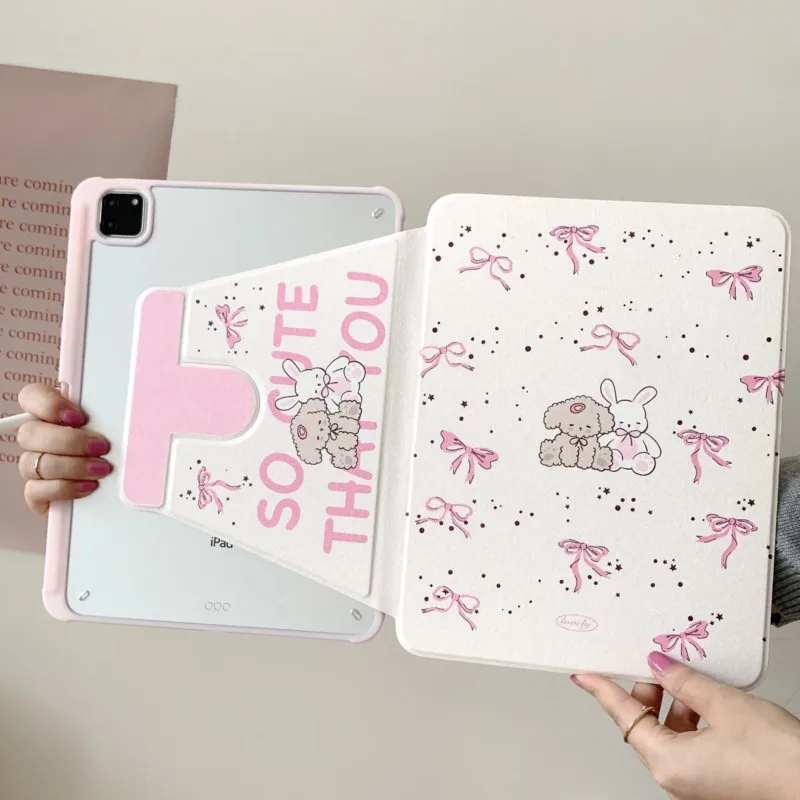 360 Rotating Stand Pencil Holder Kawaii Bow Bunny Tablet Case for iPad 7/8/9th 10.2in Air3/4/5 Pro 10th Gen 10.5/10.9inch Cover