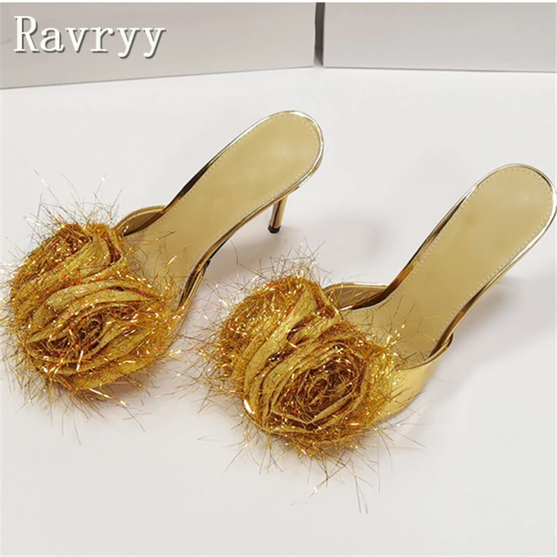 

Desinger New Rose Flower Decor Slippers Women Fashionable Patent Leather Peep Toe Thin High Heels Banquet Shoes