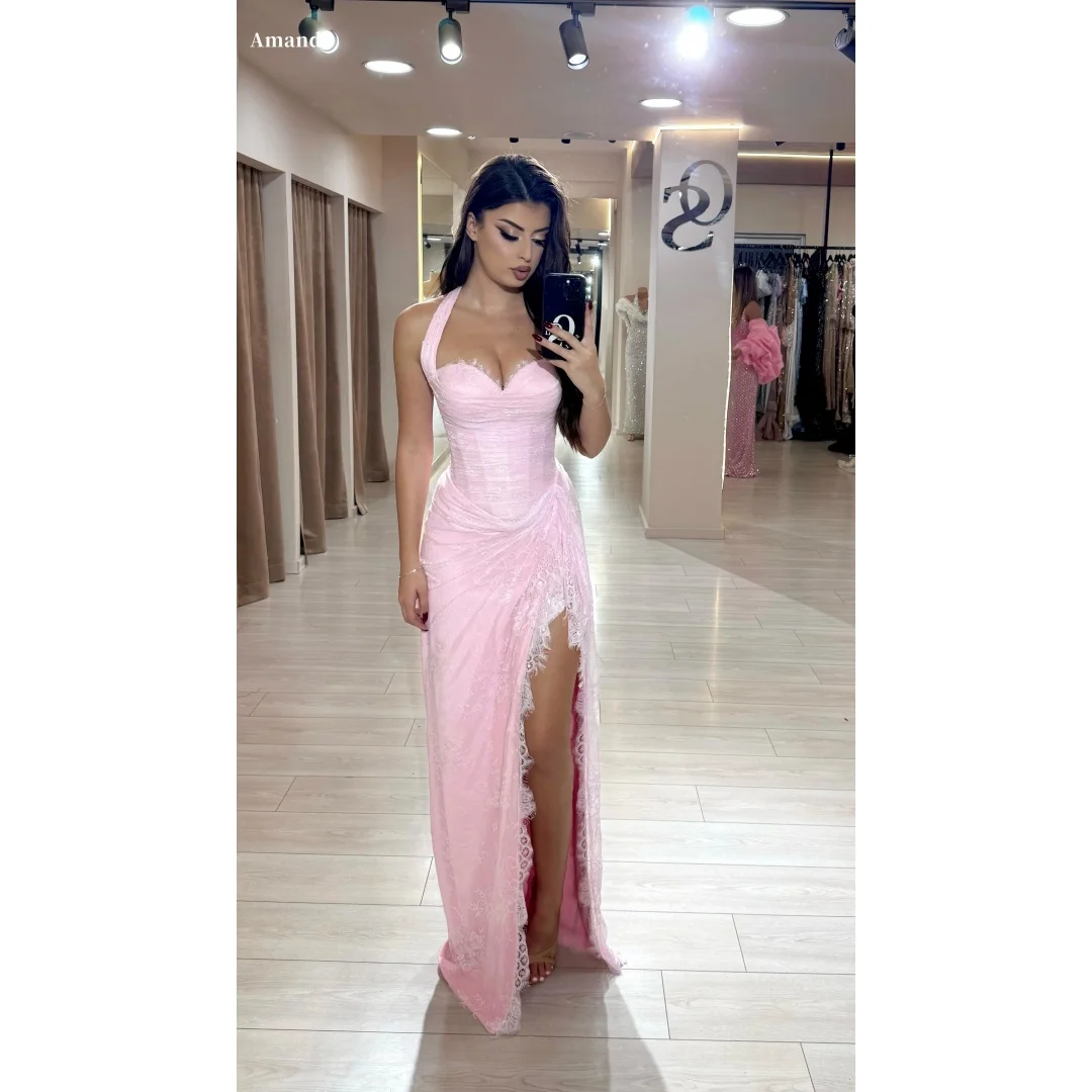 

Amanda Customized Pink Halter Neck Strapless Prom Dress Side Slit Sleeveless vestidos de noche Floor-Length Formal Evening 2025