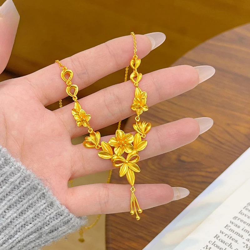 

Luxury 100% Real 24K Gold Three Flowers Tassel Necklace, Happiness Flower Exquisite Gift For Girlfriend