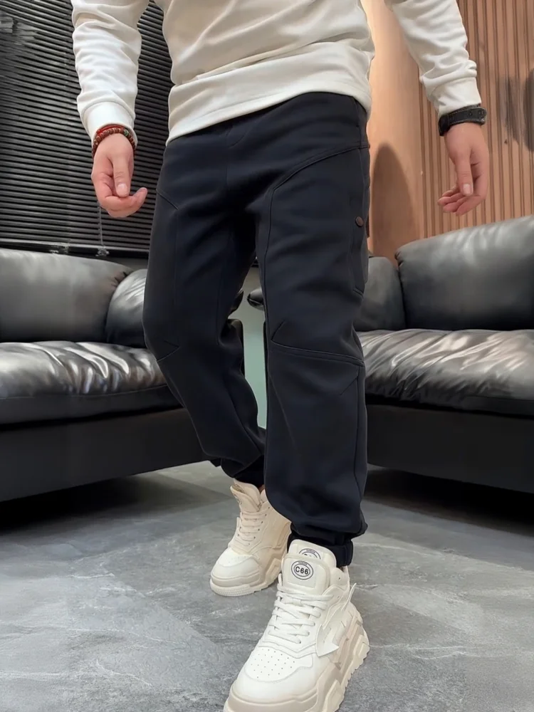 

Утепленные черные повседневные спортивные мужские брюки-джоггеры на осень-зиму, новые универсальные брюки с манжетами, модные длинные штаны