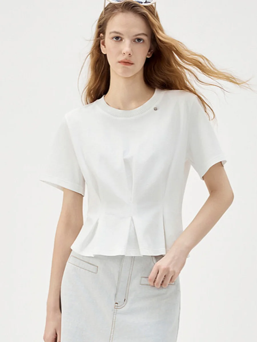 

LIMO Women's Crew Neck Short Sleeve T-Shirt Pleated Waist Slim Fit Elegant Top for Daily Office Streetwear