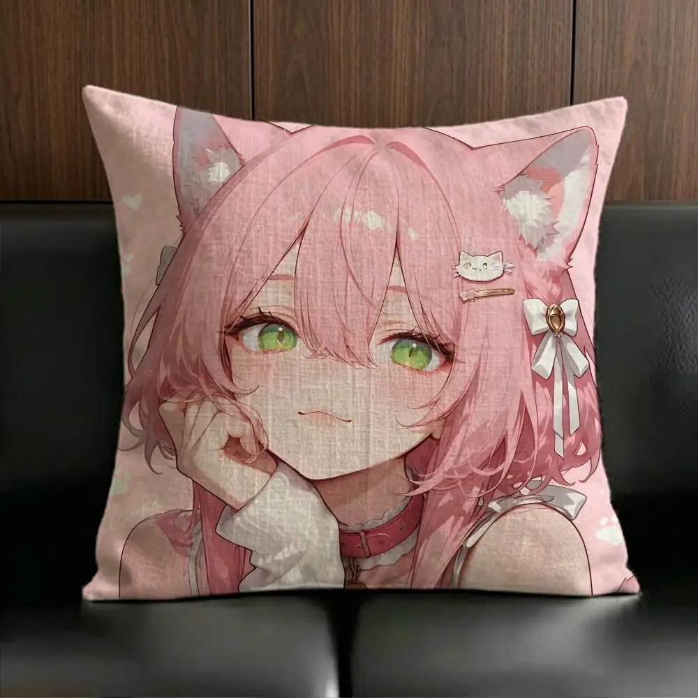 ANIME P-Pink-haired cat ear girl Cushion Cover Anti-dustmite Pillowcase Invisible zipper silky short plush Sofa cushion cover