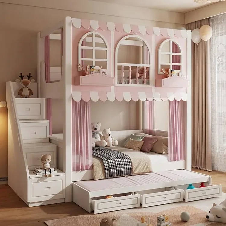 

Princess on and off bed Bunk bed Castle children's bed Girls on and off bunk siblings S type do not disturb each other High and