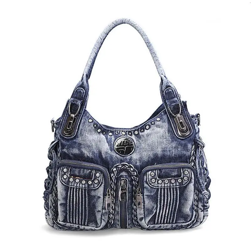 

American Retro Rivet Studded Diamond Multi Pocket Denim Shoulder Bag Fashion And Personalized Weaving Design Diagonal Cross Bag