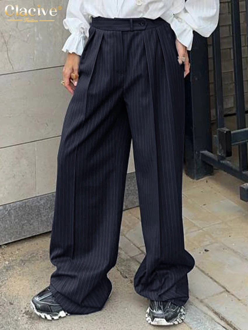 

Clacive Fashion Loose Blue Stripe Women's Pants 2024 Vintage High Waist Wide Pants Elegant Classic Full Length Trousers Female