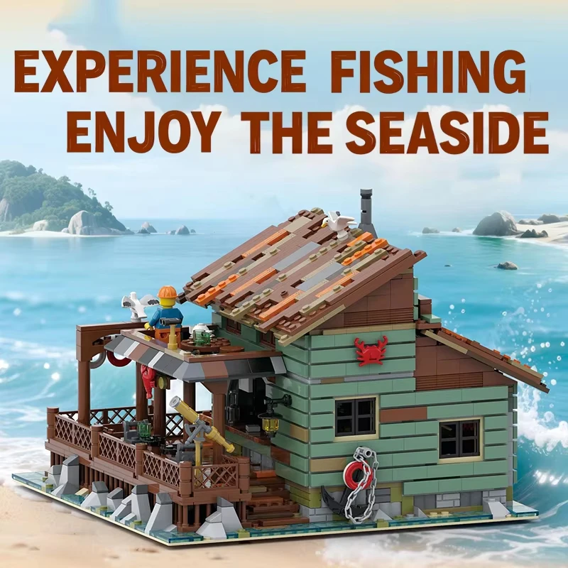 Zestaw klocków architektonicznych Seaside Architecture, seria City, domek rybacki, wiejski dom i model łodzi rybackiej, zabawka z klocków, prezent dla dzieci