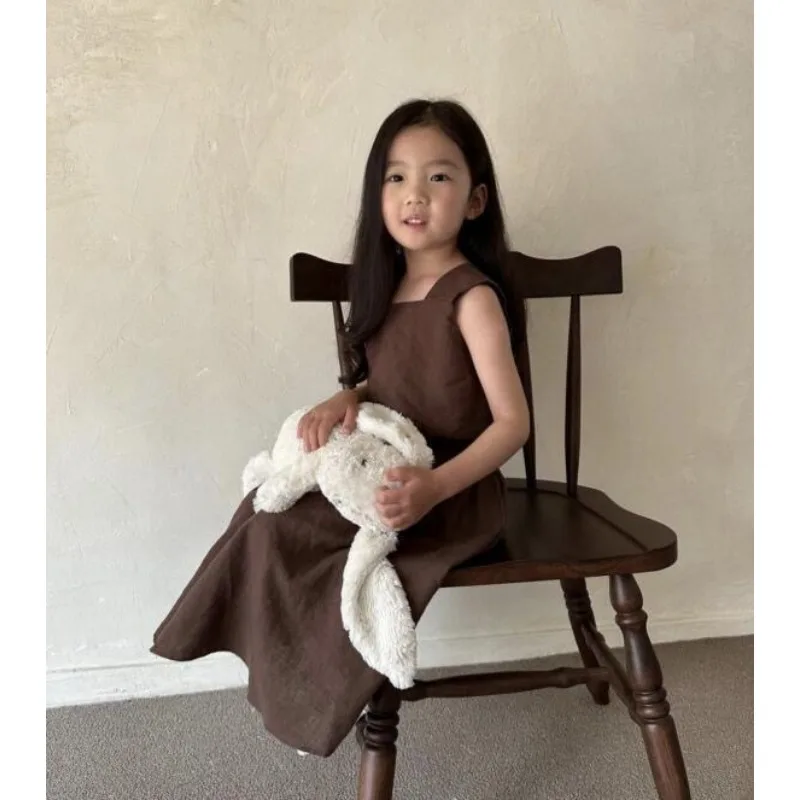 Girls' Cotton and Hemp Clothing Set Spring Summer Forest Style Slimming Strap Tank Top Half Skirt Children's Two Piece Set