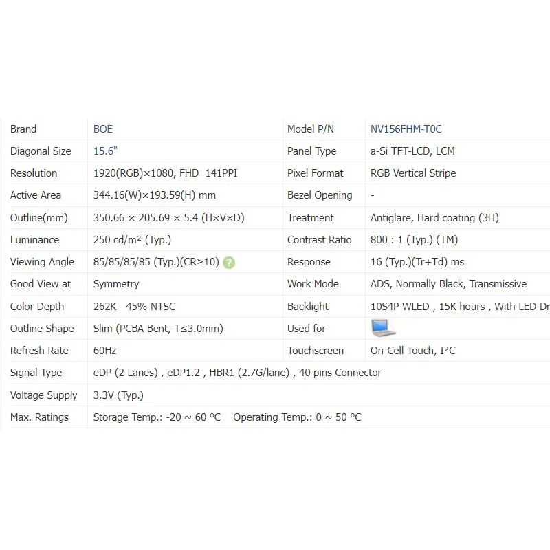 15,6-Zoll-schlanker 40-poliger Laptop-Bildschirm NV156FHM-T0C NV156FHM T0C 1920 * 1080 FHD IPS On-Cell-Touchscreen