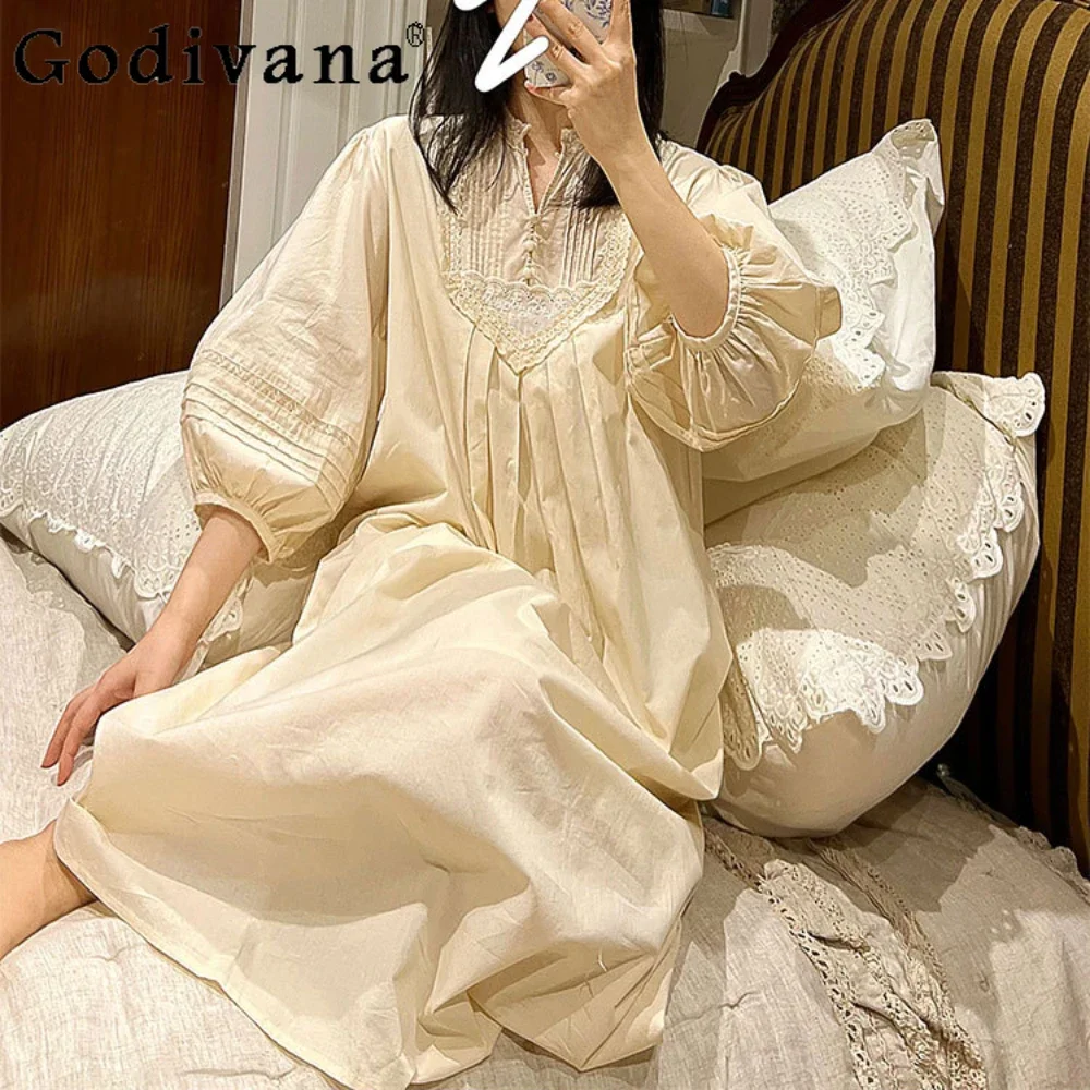 

Vintage Cotton Nightgown French Court Style Nightdress Spring Summer Princess Lace Pajamas Women's Loose Loungewear