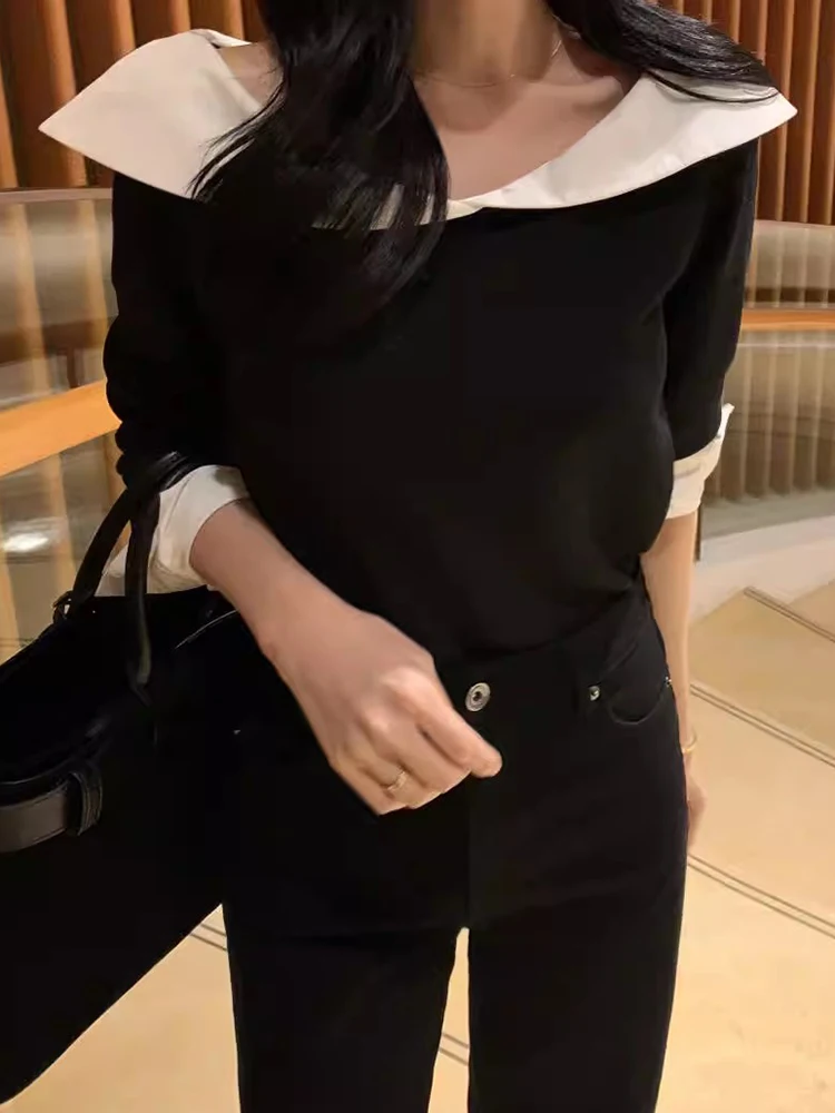 Chique herfst-winter gebreide lange Sve-top met kantontwerp Kleur Blo Fake tweedelig losvallend woon-werkverkeer Normale lengte