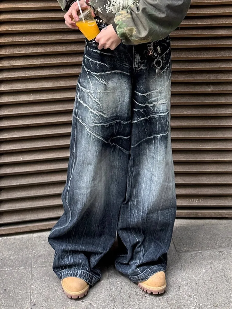 

Мужские джинсы Deep Blue Distressed Wide Leg: свободные, прямые, с высокой талией, из денима, в стиле бэгги