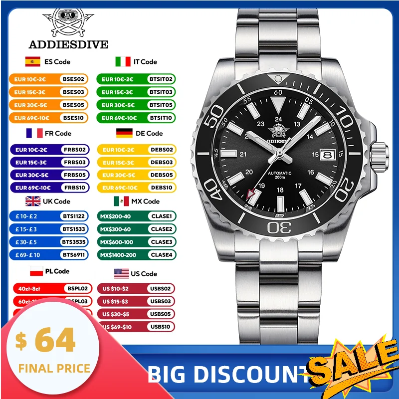

ADDIESDIVE New Men Watch Luxury Japan 8215 Automatic Diving Sapphire Mechanical Watch Luminous Ceramic Bezel 200m Waterproof