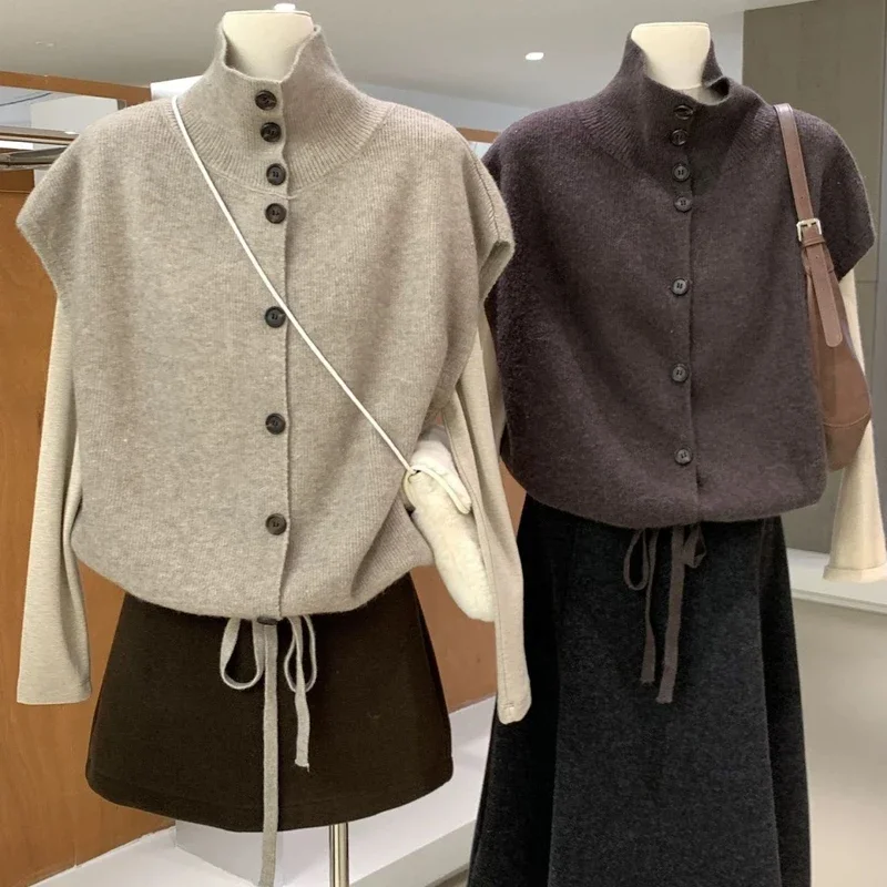 Women Fashion Korean Style Stand Up Collar Buckle Sleeveless Camisole Knitted Vest with Drawstring Design Outerwear Vest Tops