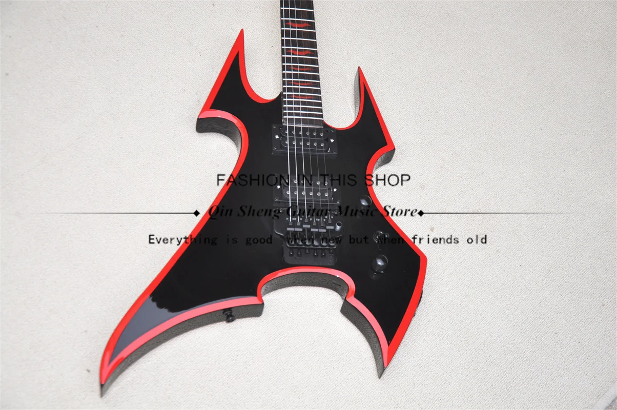 BC Electric Guitar, Black Guitar With Red Edges, Tremolo Bridge, Red Bat Inlay, Black Buttons, HH Pickups