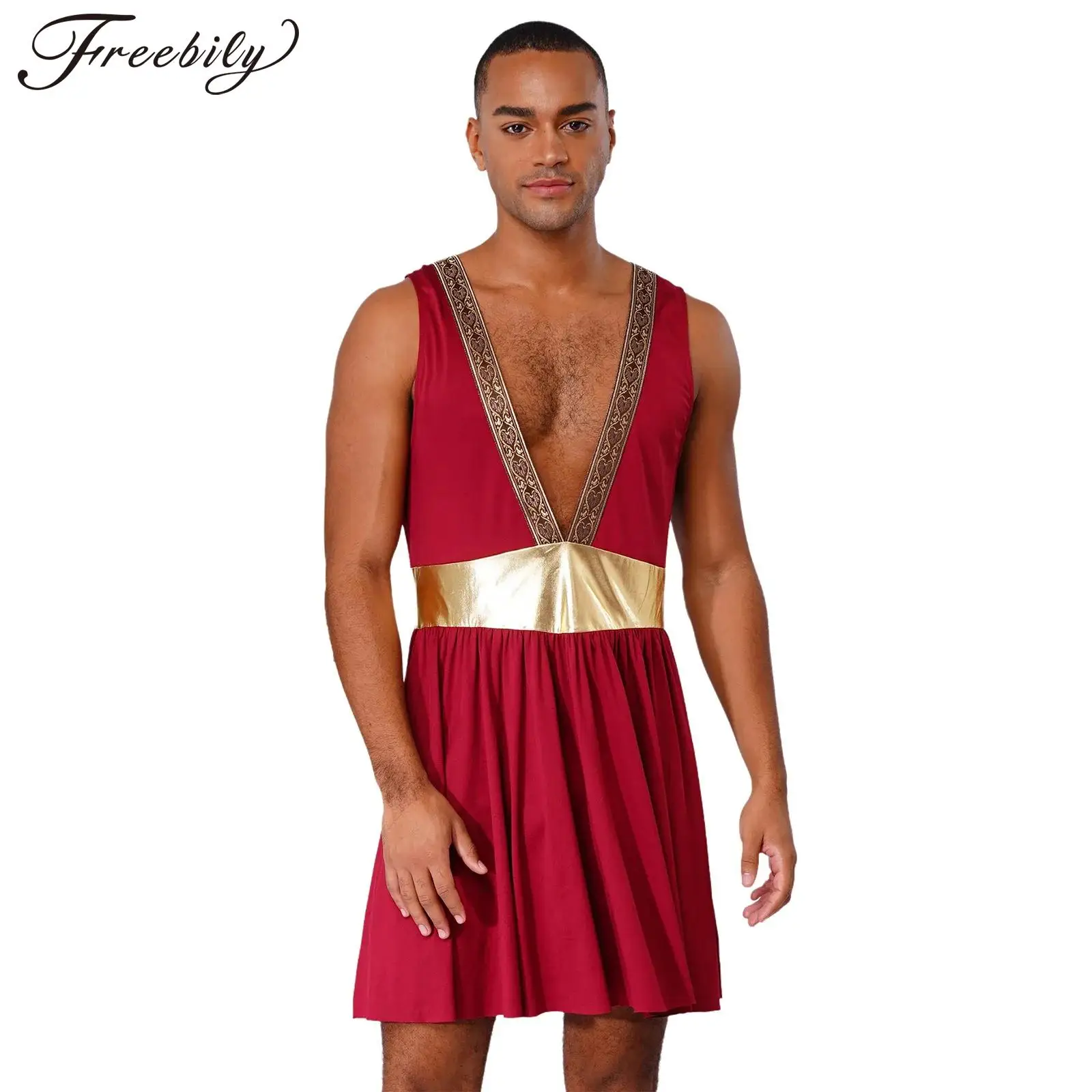 Disfraz griego antiguo para hombre, disfraz de emperador romano de Halloween, trajes de Cosplay con cuello en V profundo, bata con cinturón dorado, vestido elegante griego