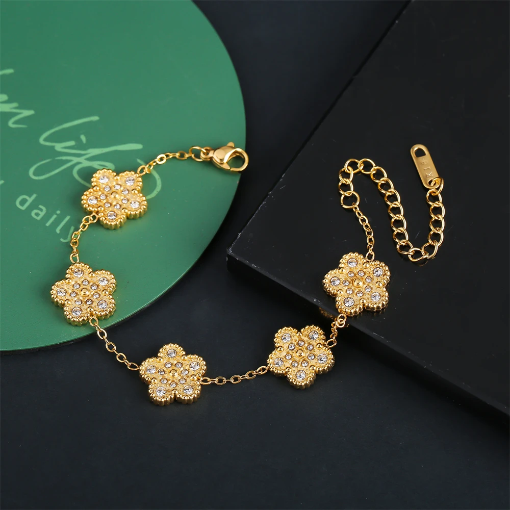 New Hot Sale Stainless Steel Colorfast Gold Zirconia Plant Five-leaf Flower Bracelet Necklace Earrings Ring Set Ladies Clover