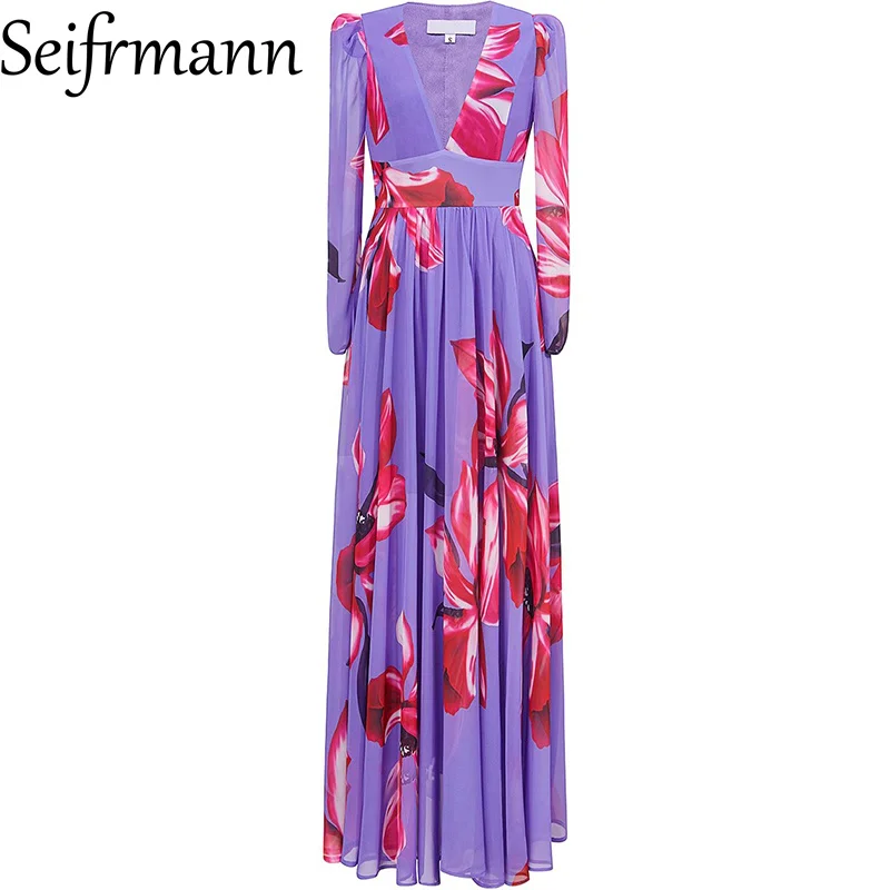 Seifrmann Damen-Elegantes Partykleid, langärmelig, V-Ausschnitt, Blumendruck, modisches Ballkleid, große Schaukel-Kleider, Frühling, Sommer, 2025, Neu