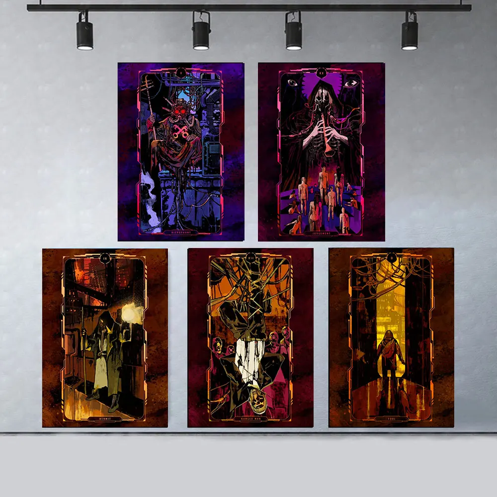 Cyberpunk Demon Tarot Card Posters Print Wheel of Fortune Canvas Painting Wall Art Pictures For Living Room Home Gift Decoration