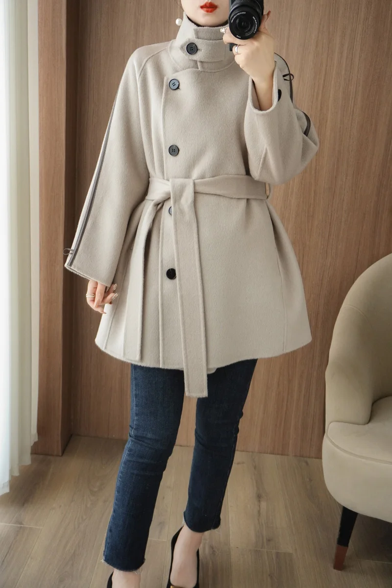 Manteau en cachemire double face pour femme, 2023 pure laine, col montant, taille fine, haut à lacets, automne, hiver, nouveau, 100%
