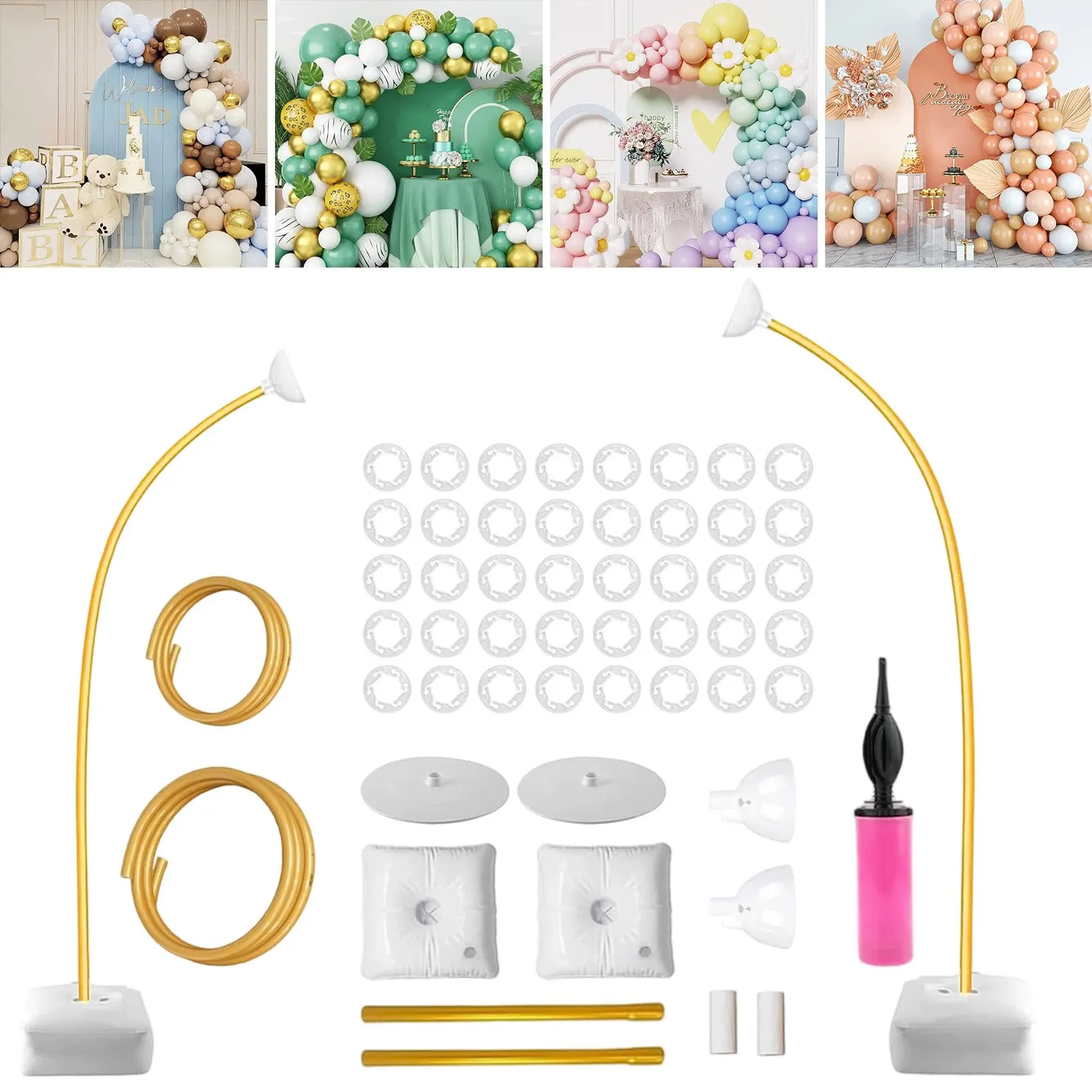 Eleganter Gold- und Weißer Ballonbogen-Ständer-Set - 1,5m + 2,5m, Perfekt für Hochzeiten, Verlobungen, Geburtstage und Babypartys - Langlebige Kunststoff-Ballonständer mit Blumendekorationen, Keine