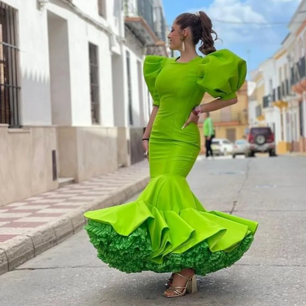 Striking Neon Green Mermaid Women Maxi Dresses To Prom Party Short Puff Sleeves And Lush Bottom Formal Party Dresses