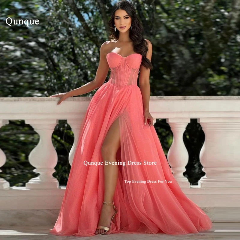 

Qunque Coral Tulle Slit Prom Dress Sweetheart Birthday Party Dresses Vestidos En Oferta Liquidación Envío Gratis Evening Gowns